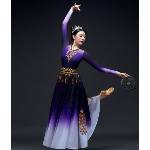 Women Girls Chinese Violet Gradient Chinese Xinjiang dance Dresses female adult art test Chinese folk dance costumes Uyghur dance large swing skirt Gown for female